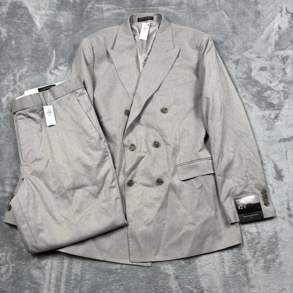 Banana Republic Suit Mens 42R 34x28 Gray Double Breasted Stretch 2 Piece Wedding